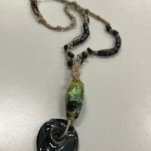 Vintage Artisan Black and Green Beaded Necklace